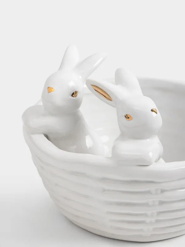 Конфетница, 14х12 см, 410 мл, керамика D, молочно-золотистая, Кролики в корзине, Rabbit gold, image-2