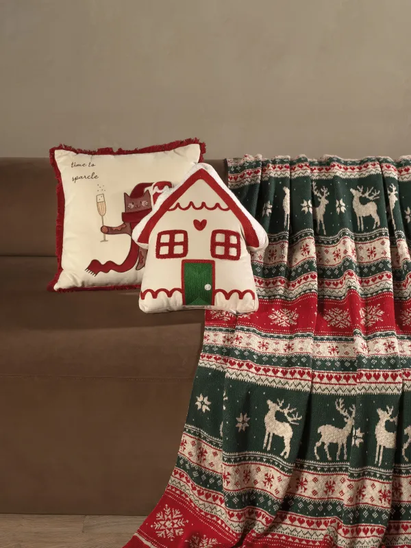 Подушка декоративная, 45х45 см, с бахромой, вельвет, молочная, Кот, Christmas cat, image-6