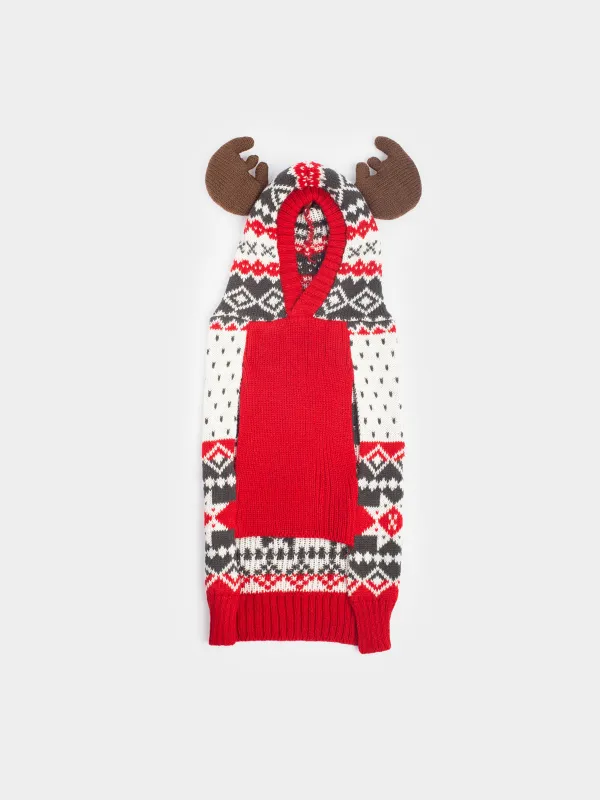 Свитер для животных, 38 см, р. M, с капюшоном, акрил, бело-красный, Зимний узор, Fashion pet, image-0