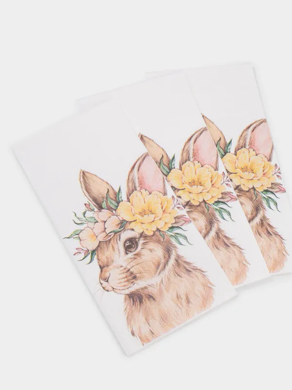 Салфетки бумажные, 33х33 см, 20 шт, прямоугольные, белые, Кролик в венке, Flora Easter, image-2