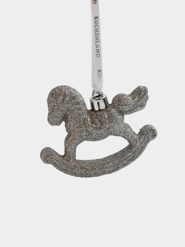 Игрушка елочная, 8х7 см, пластик, с блестками, серебристая, Лошадка-качалка, Figure sparkle, image-0