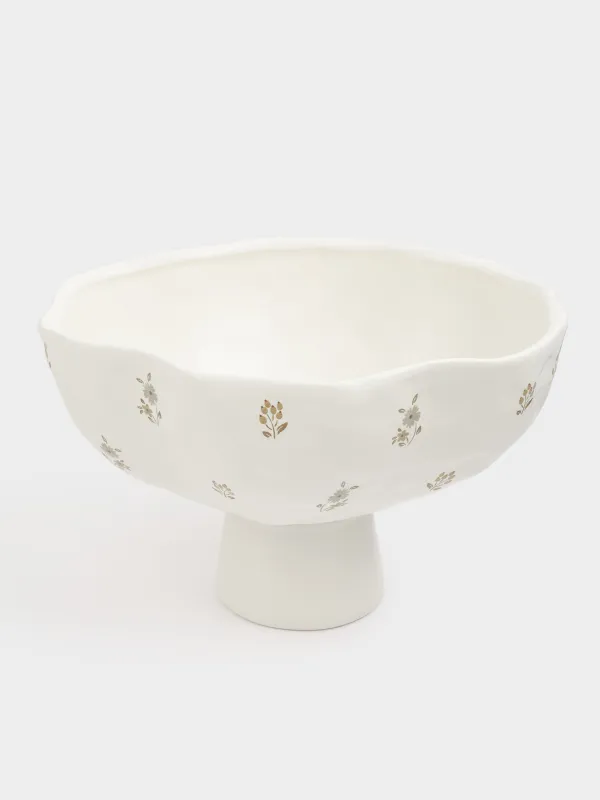 Ваза для фруктов, 24x15 см, на ножке, керамика, молочная, Винтажные цветы, La flore, image-1