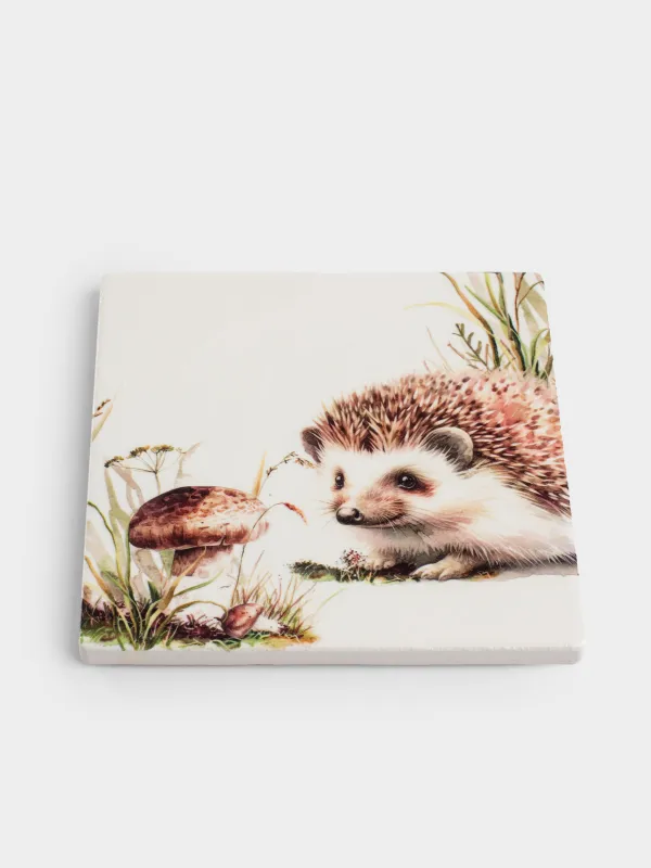 Подставка под кружку, 11х11 см, квадратная, керамика/пробка, белая, Еж, Forest hedgehog, image-1