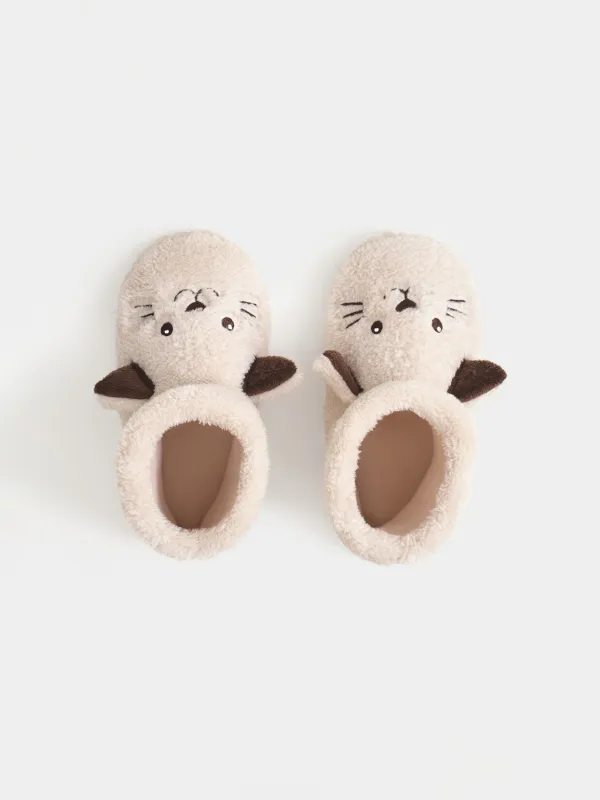 Тапочки детские, домашние, высокие, флис/полиэстер, бежевые, Кот, Funny cat, image-1