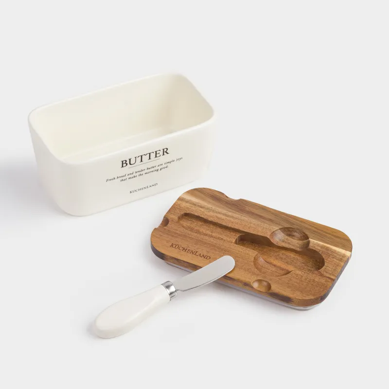 Масленка, 16 см, с ножом, керамика/дерево, прямоугольная, молочная, Course, image-3