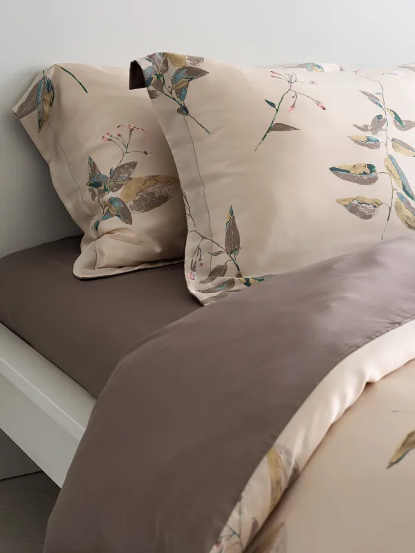 КПБ евро, тенсель 300 ТС, бежевый, Листья, Tencel, image-1