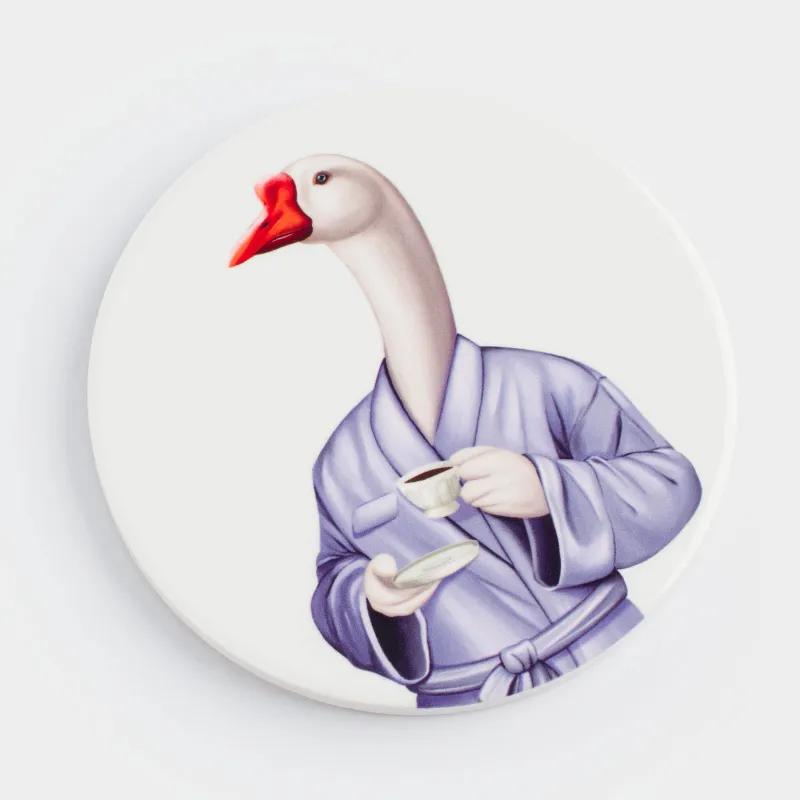 Подставка под кружку, 11 см, круглая, керамика/пробка, белая, Гусь в халате, Goose, image-1