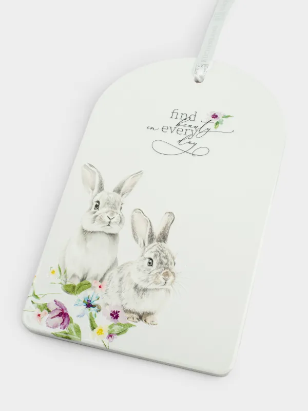 Подставка под горячее, 14x28 см, керамика/пробка, белая, Кролики в цветах, Flora Easter, image-1