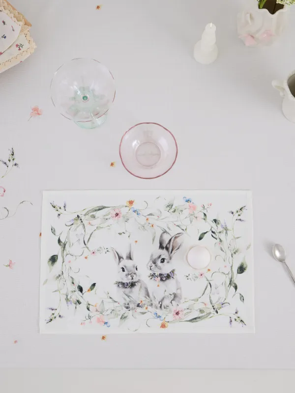 Салфетка под приборы, 30х45 см, полиэстер, белая, Кролики и цветы, Rabbits in flower, image-2