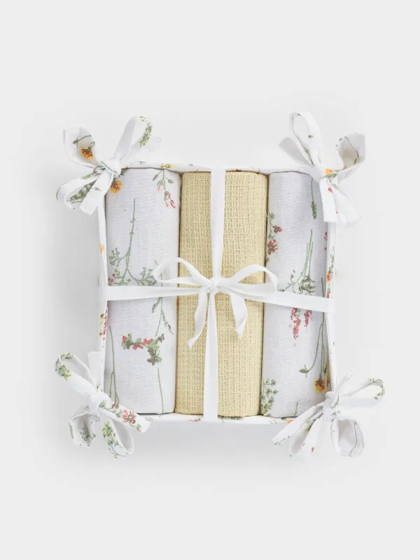 Полотенце кухонное, 40х60 см, 3 шт, в хлебной корзине, хлопок, Полевые цветы, Meadow, image-1