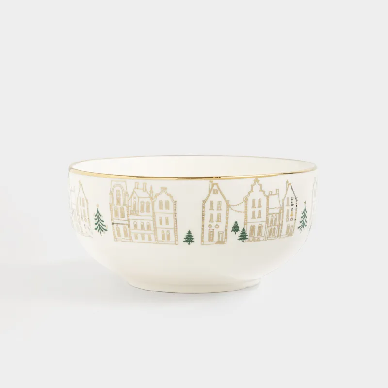 Пиала, 14x7 см, фарфор N, молочно-золотистая, Домики и лошадь, Snow sparks