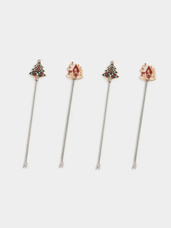 Шпажка для канапе, 12 см, 4 шт, металл, золотистая/зеленая, Дом/Елка, Christmas house, image-0