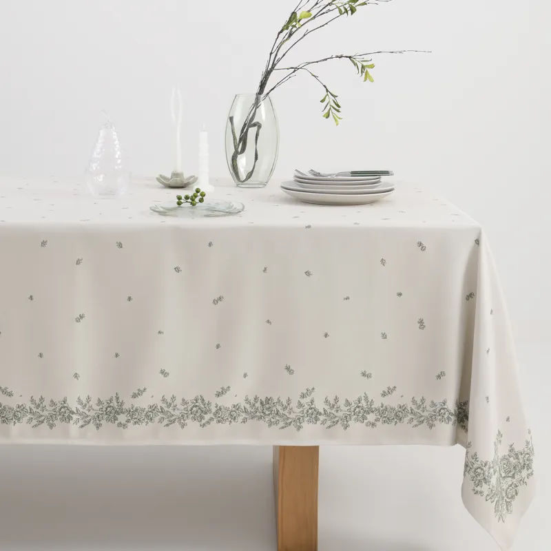 Скатерть, 170х250 см, жаккард, полиэстер, молочная, Зеленые цветы, Green flowers