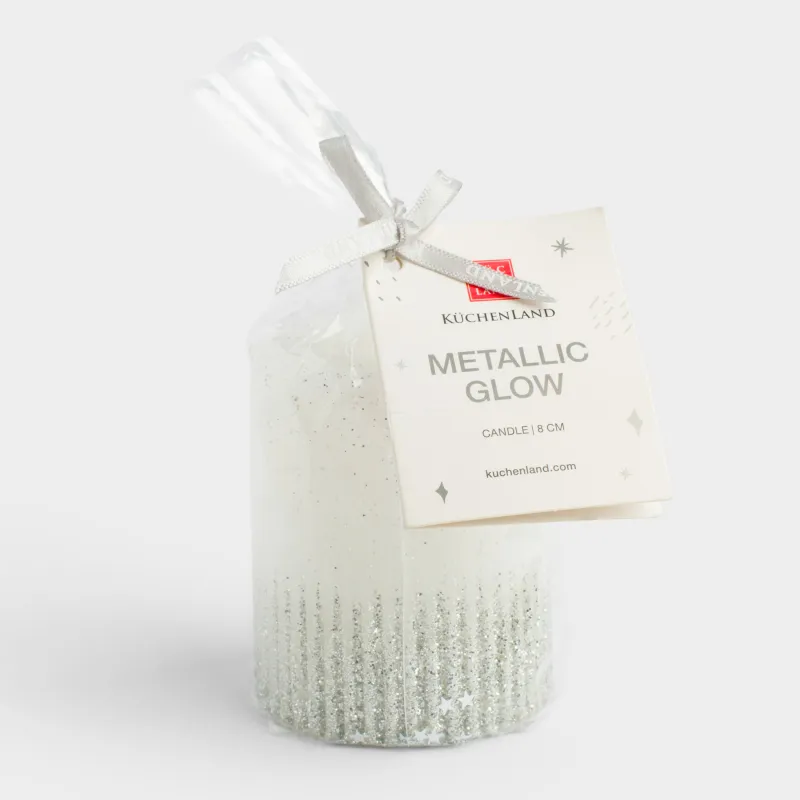 Свеча, 8 см, цилиндрическая, с блестками, бело-серебристая, Metallic glow, image-3