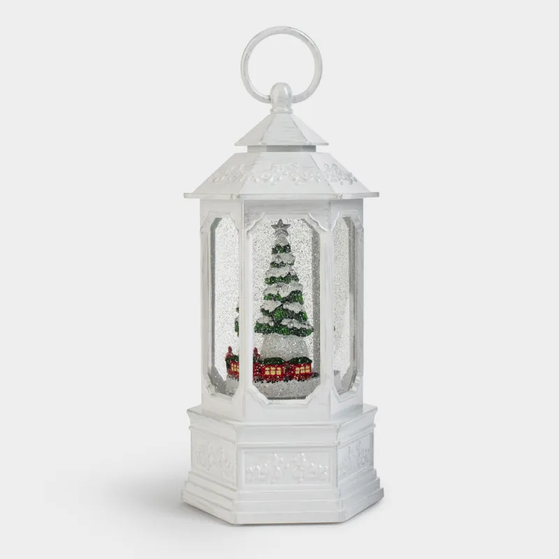 Снежный фонарь, 26 см, с подсветкой, вращающийся, пластик, белый, Поезд и ель, White style