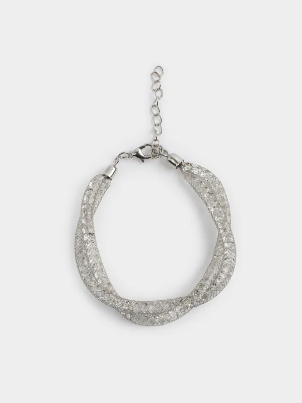 Браслет, 24 см, двойной, металл/стразы, серебристый, Плетение, Jewelry, image-0