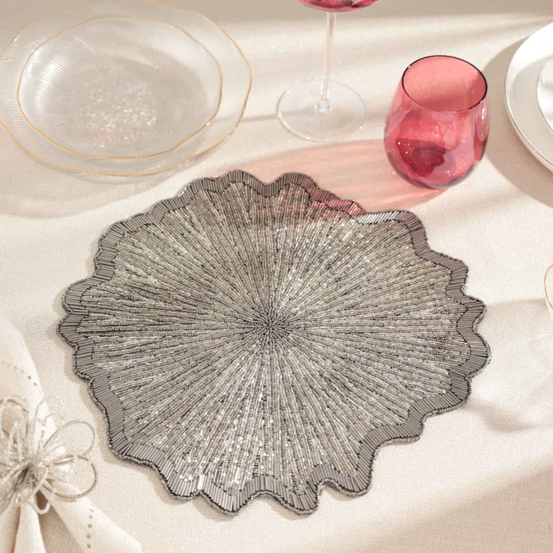 Салфетка под приборы, 36 см, бисер, фигурная, серо-серебристая, Art beads-t, image-2