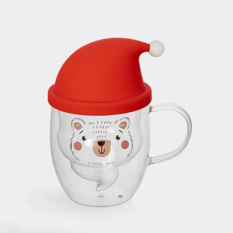 Кружка, 300 мл, с крышкой, стекло Б/силикон, Медведь, Air shape