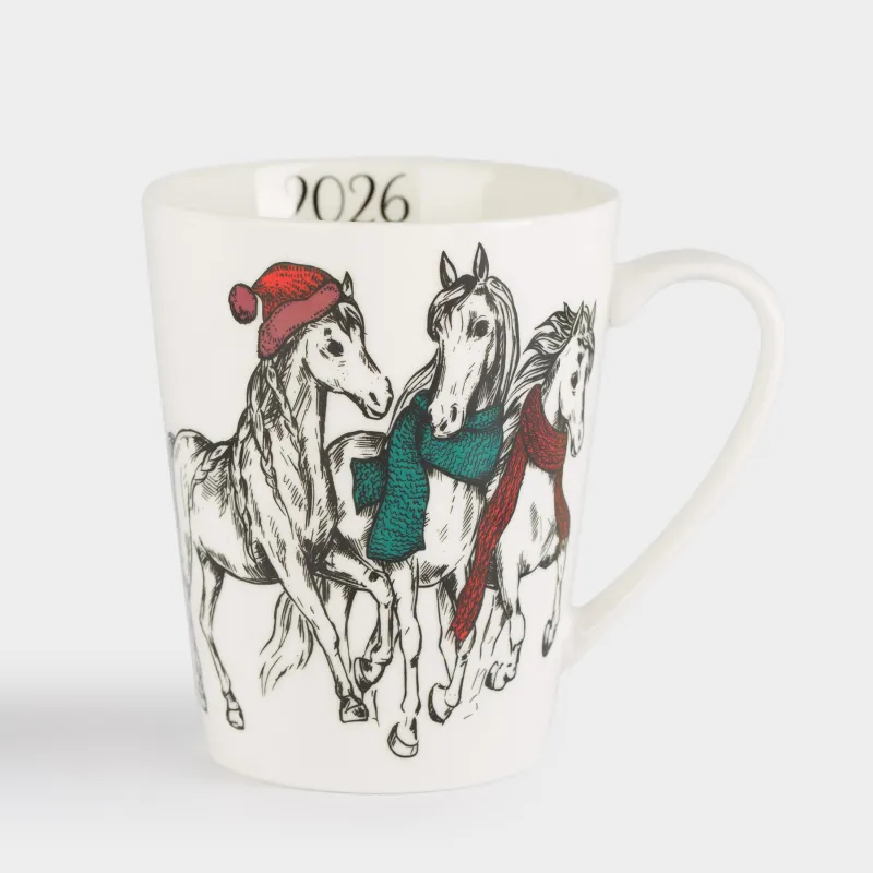 Кружка, 420 мл, фарфор N, белая, Лошади в шарфах и шапке, Horse trio