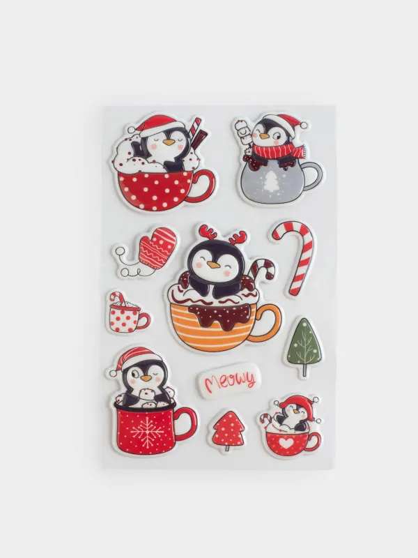 Набор наклеек, 10х16 см, многоразовые, ПВХ, Новогодний пингвин, Christmas decal, image-0