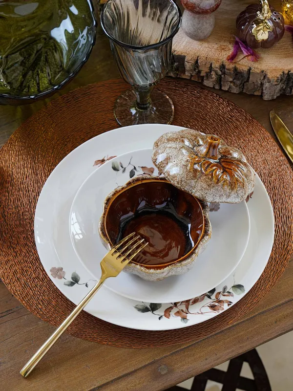 Емкость для хранения, 12x9 см, 300 мл, фарфор P, молочно-коричневая, Тыква с листом, Colors autumn, image-6