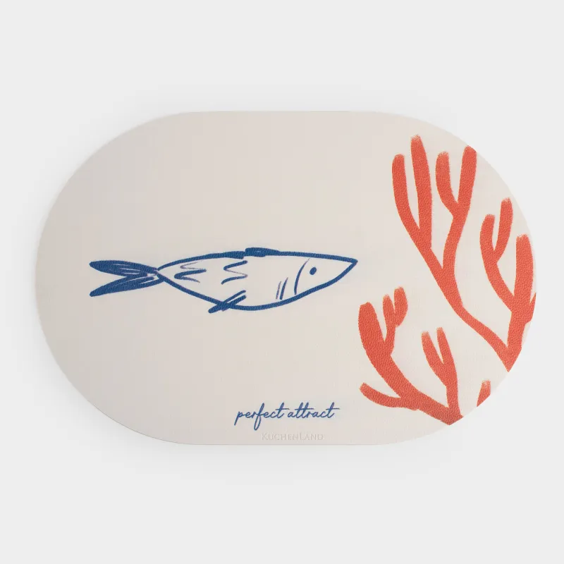 Салфетка под приборы, 30x45 см, ПВХ, овальная, молочная, Рыба в кораллах, Rock print, image-0