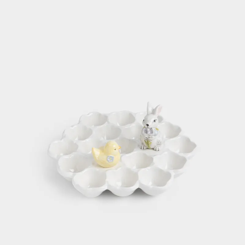 Блюдо пасхальное, 27x12 см, 17 отд, керамика D, молочное, Кролик и цыпленок с цветами, Easter