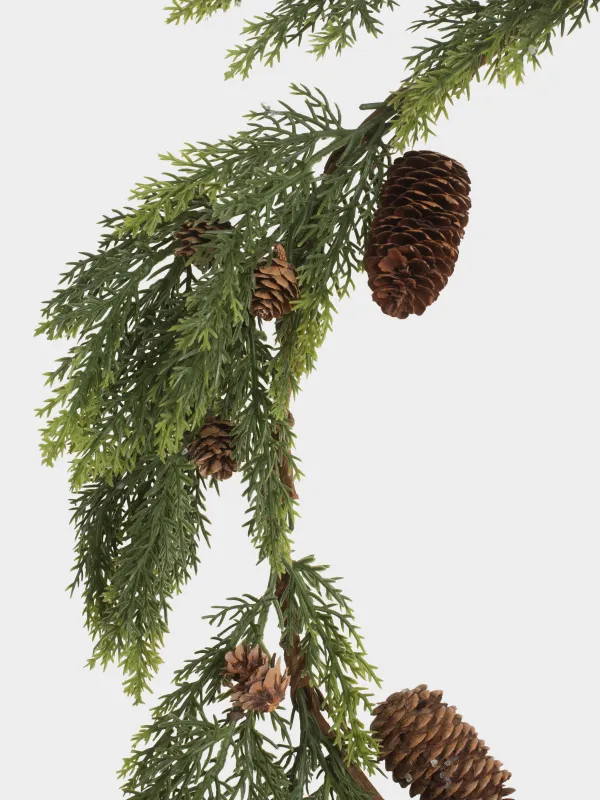 Ветка-гирлянда декоративная, 1,2 м, Хвоя с шишками, Conifer decor, image-1