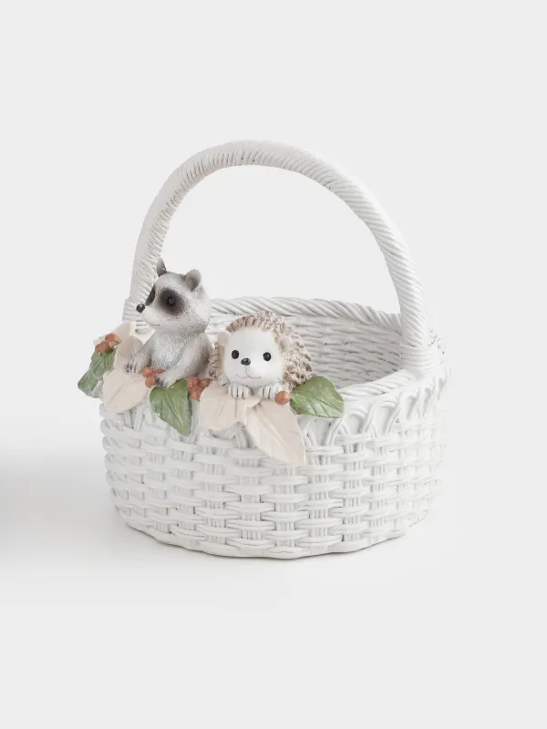 Ваза декоративная, 20х21 см, с ручкой, полирезин, белая, Енот и еж на корзине, Slight frost, image-2