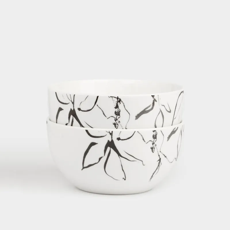 Пиала, 14x8 см, 620 мл, 2 шт, фарфор P, белая, Силуэтные цветы, Silhouette flowers