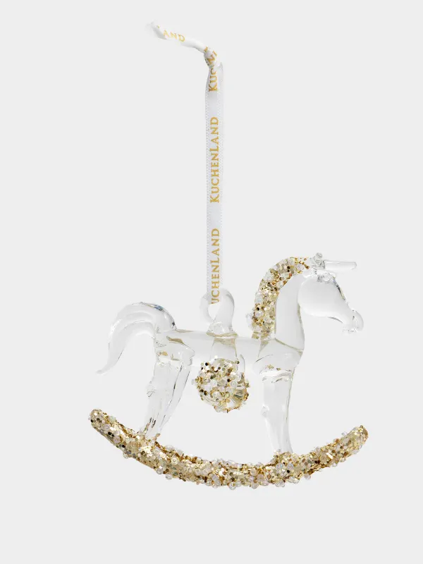 Игрушка елочная, 8х8 см, стекло, с блестками, шампань, Лошадка-качалка, Figure sparkle, image-1
