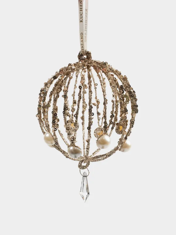 Игрушка елочная, 10 см, металл, шампань, Шар с жемчугом, Ball pattern, image-0