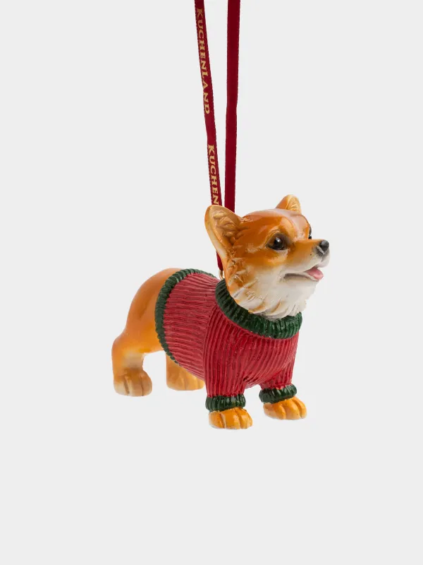 Игрушка елочная, 8 см, полирезин, красно-коричневая, Корги в свитере, Figure christmas, image-0