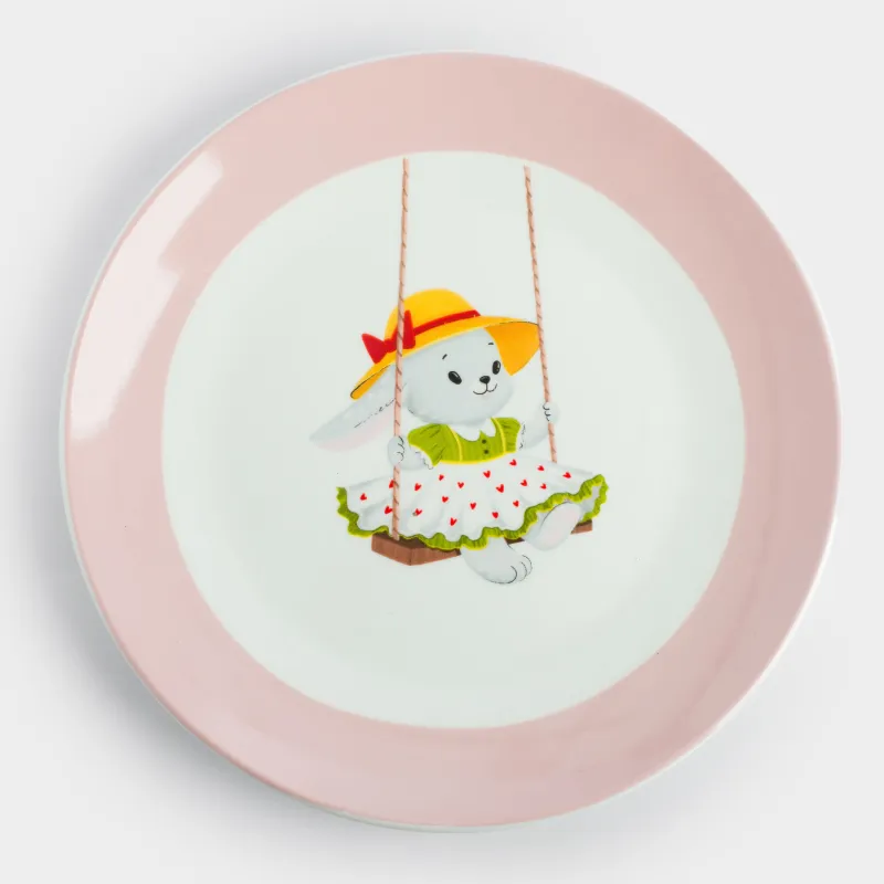 Тарелка закусочная, детская, 19 см, фарфор N, бело-розовая, Крольчиха на качелях, Ideas life