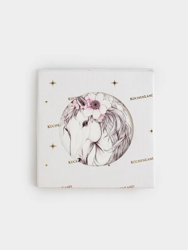 Подставка под кружку, 11 см, круглая, керамика/пробка, белая, Лошадь в венке, Horse in flowers, image-4