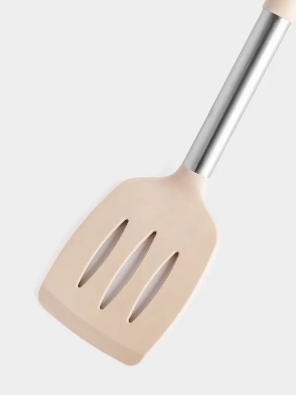 Лопатка, 34 см, с прорезями, силикон/сталь, серо-бежевая, Metallic, image-1