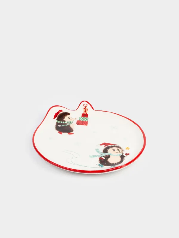 Тарелка закусочная, 21 см, керамика D, белая, Ежи с подарками, Hedgehog christmas, image-1