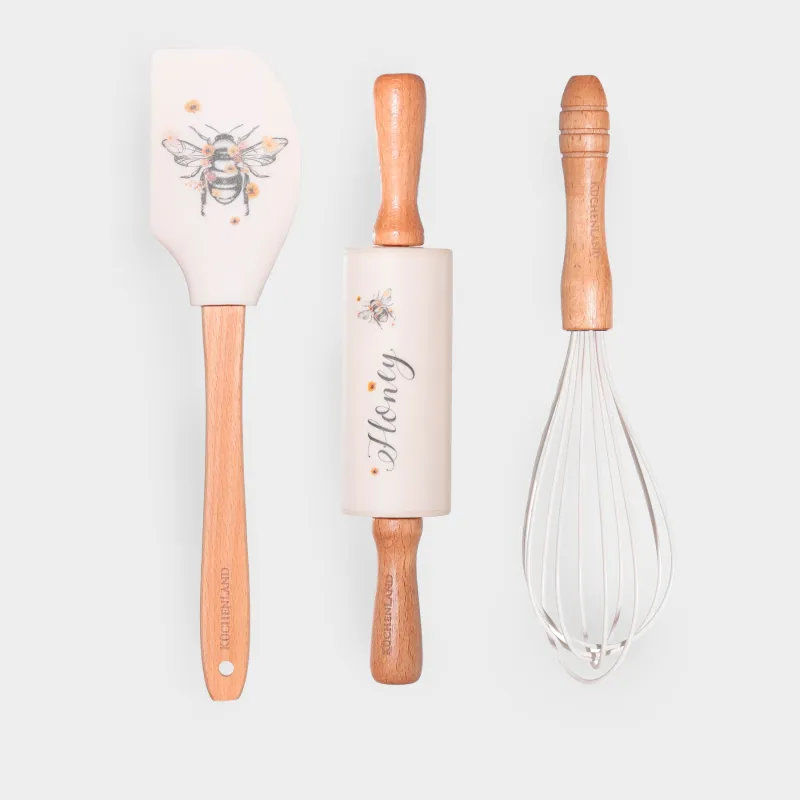 Набор для выпечки, 3 пр, лопатка/венчик/скалка, силикон/дерево, бежевый, Шмель, Honey