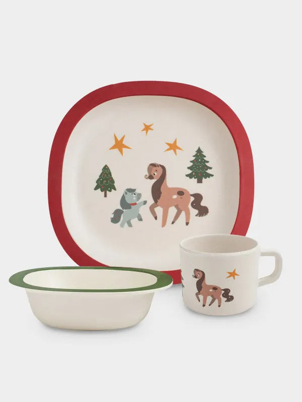 Набор посуды, детский, 1 перс, 3 пр, бамбук, красно-зеленый, Лошадки с елкой, Little horse, image-0
