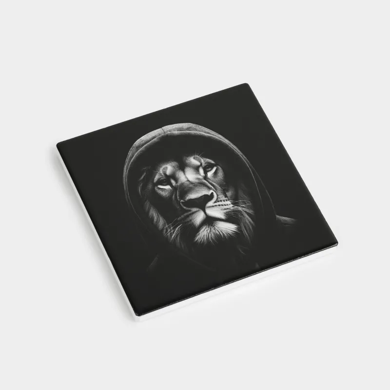 Подставка под кружку, 11х11 см, квадратная, керамика/пробка, черная, Лев, Brutal style, image-1