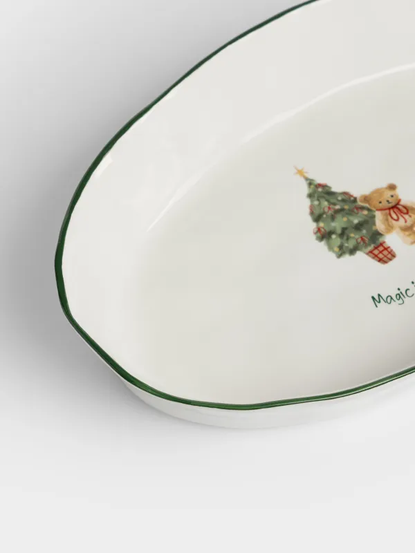 Блюдо, 28х17х5 см, с бортами, Мишка с елкой, Christmas green, image-3