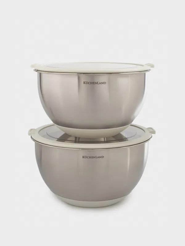 Миска, 2/3 л, 2 шт, с крышкой, антискользящее дно, сталь/пластик, бежевая, Terra new, image-0