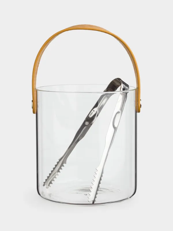 Ведро для льда, 14 см, с ручкой и щипцами, стекло/искусственная кожа, Clear devo, image-0