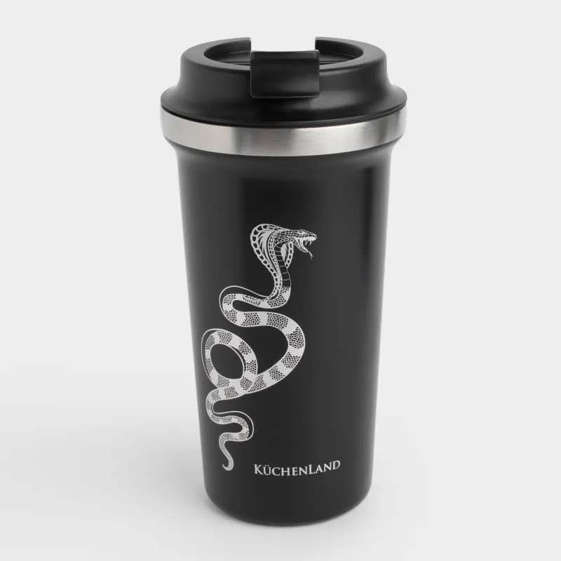 Термокружка, 450 мл, сталь/пластик, черная, Серебристая кобра, Coffee time, image-0