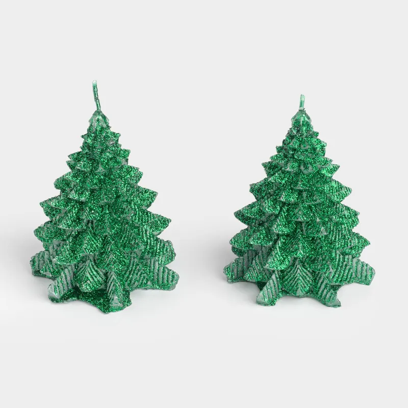 Свеча, 7x9 см, 2 шт, с блестками, зеленая, Елка, Fir candle