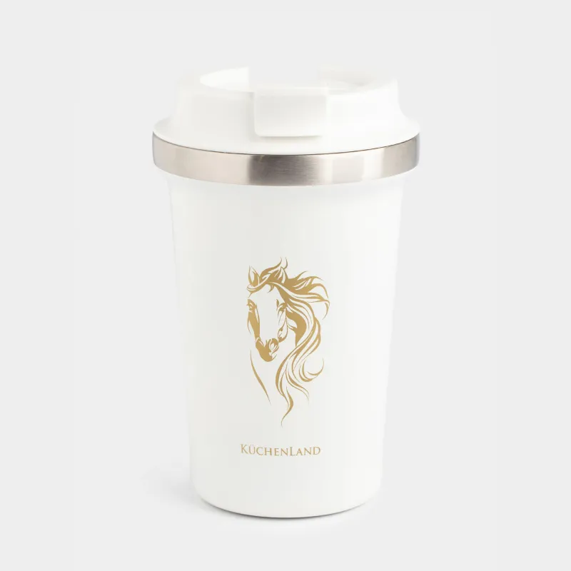 Термокружка, 350 мл, сталь/пластик, белая, Лошадь, Coffee time
