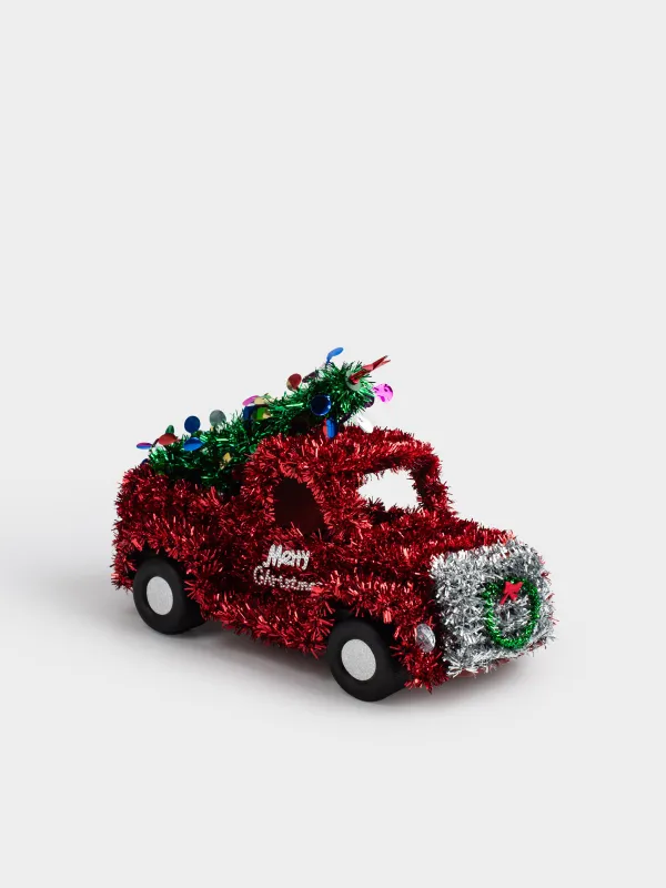 Статуэтка, 27 см, мишура/пластик, красная, Машина с елкой, Tinsel decor, image-1