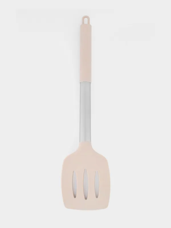 Лопатка, 34 см, с прорезями, силикон/сталь, серо-бежевая, Metallic, image-3