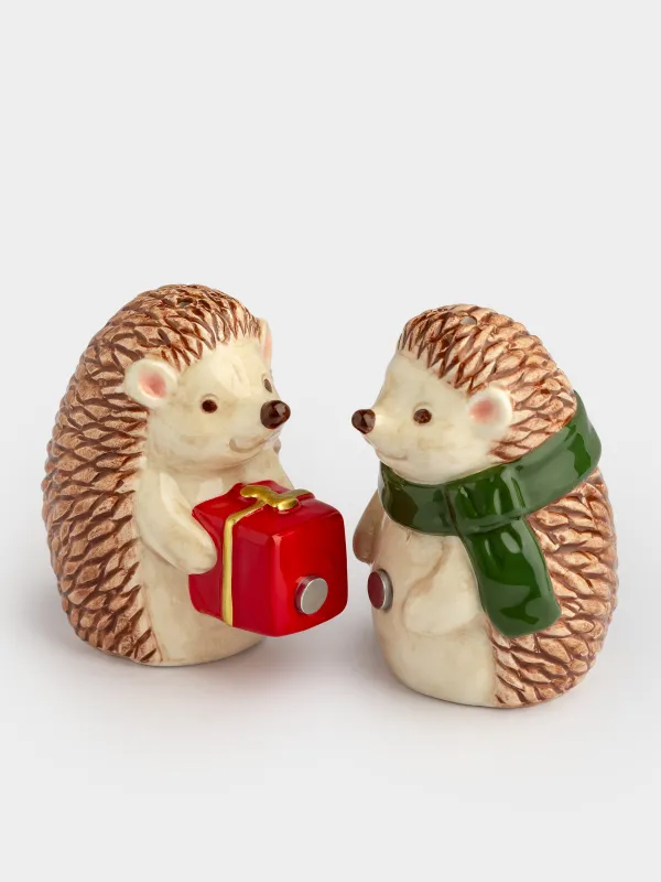 Набор для соли и перца, 8 см, с магнитом, керамика D, Ежи с подарком, Hedgehog christmas, image-4