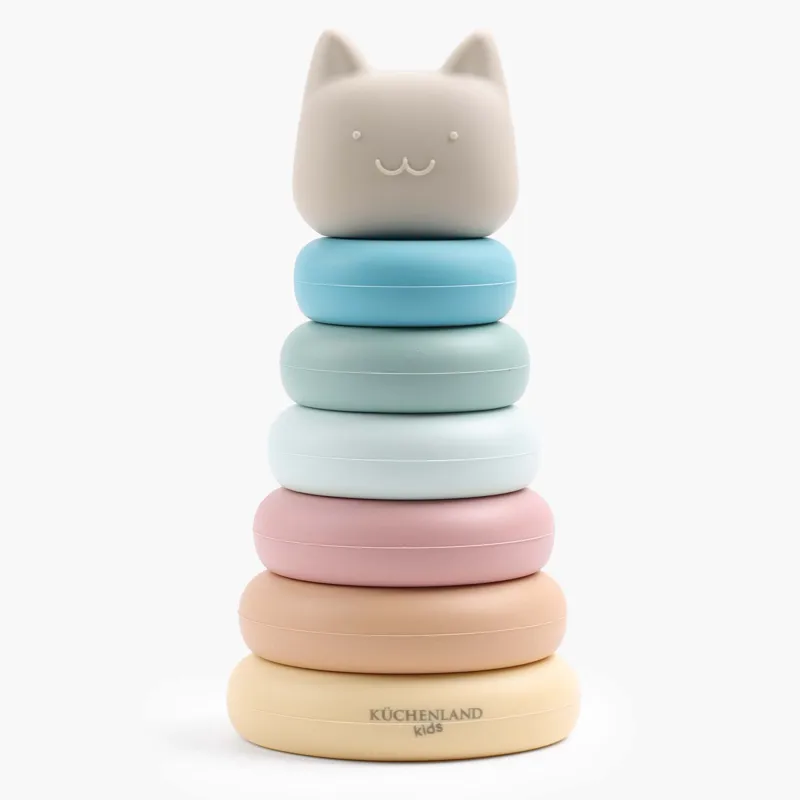 Игрушка развивающая, 16 см, 7 пр, силикон, цветная, Пирамидка кот, Kiddy, image-0